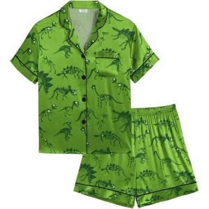 SWOMOG Kids Satin Pajamas Sets Girls Boys Button-Down Pjs Short Sleeve Silk Nightwear 2 Piece Lounge Sets(Green Dinosaur)