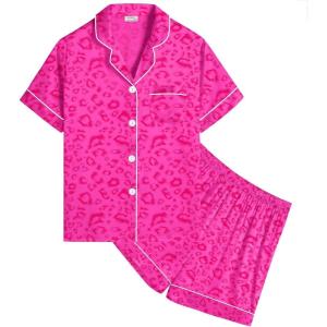 SWOMOG Kids Satin Pajamas Sets Girls Boys Button-Down Pjs Short Sleeve Silk Nightwear 2 Piece Lounge Sets(Hot Pink Leopard)