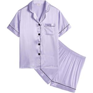 SWOMOG Kids Satin Pajamas Sets Girls Boys Button-Down Pjs Short Sleeve Silk Nightwear 2 Piece Lounge Sets(Lavender)