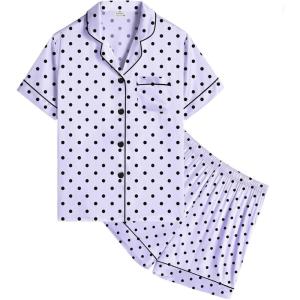 SWOMOG Kids Satin Pajamas Sets Girls Boys Button-Down Pjs Short Sleeve Silk Nightwear 2 Piece Lounge Sets(Lavender Dots)