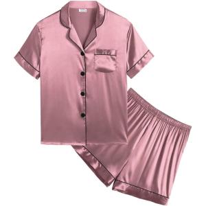 SWOMOG Kids Satin Pajamas Sets Girls Boys Button-Down Pjs Short Sleeve Silk Nightwear 2 Piece Lounge Sets(Misty Rose)