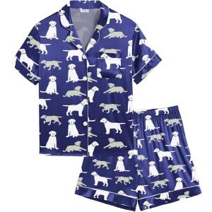 SWOMOG Kids Satin Pajamas Sets Girls Boys Button-Down Pjs Short Sleeve Silk Nightwear 2 Piece Lounge Sets(Navy Blue Dogs)