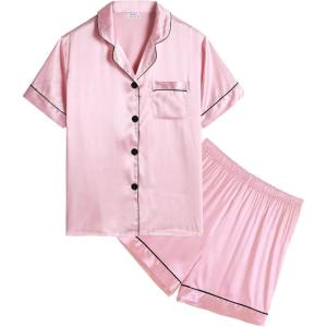 SWOMOG Kids Satin Pajamas Sets Girls Boys Button-Down Pjs Short Sleeve Silk Nightwear 2 Piece Lounge Sets(Pink)