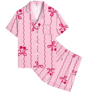 SWOMOG Kids Satin Pajamas Sets Girls Boys Button-Down Pjs Short Sleeve Silk Nightwear 2 Piece Lounge Sets(Pink Bow)