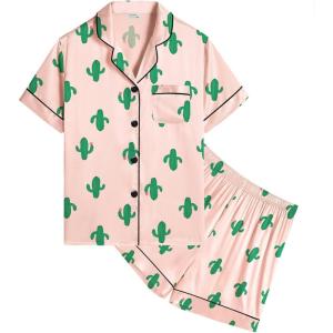 SWOMOG Kids Satin Pajamas Sets Girls Boys Button-Down Pjs Short Sleeve Silk Nightwear 2 Piece Lounge Sets(Pink Cactus)