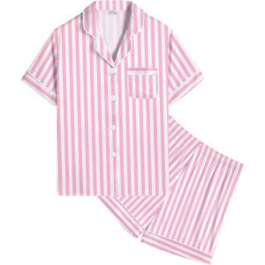 SWOMOG Kids Satin Pajamas Sets Girls Boys Button-Down Pjs Short Sleeve Silk Nightwear 2 Piece Lounge Sets(Pink Striped)