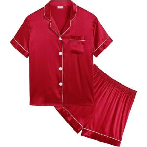 SWOMOG Kids Satin Pajamas Sets Girls Boys Button-Down Pjs Short Sleeve Silk Nightwear 2 Piece Lounge Sets(Red)