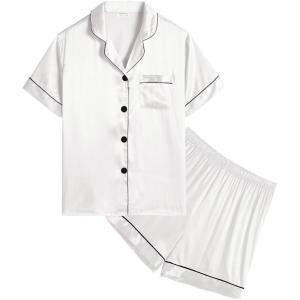 SWOMOG Kids Satin Pajamas Sets Girls Boys Button-Down Pjs Short Sleeve Silk Nightwear 2 Piece Lounge Sets(White)