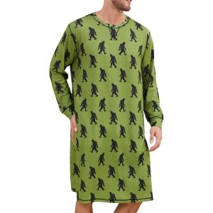 SWOMOG Mens Nightgown Long Sleeve Lounge, Sleep Henley Shirt Pajama Big & Tall Nightshirt Comfy Nightwear S-XXL(Army Green Bigfoot)
