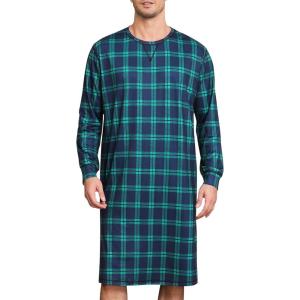 SWOMOG Mens Nightgown Long Sleeve Lounge, Sleep Henley Shirt Pajama Big & Tall Nightshirt Comfy Nightwear S-XXL(Green Black Plaid)