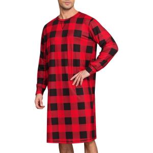 SWOMOG Mens Nightgown Long Sleeve Lounge, Sleep Henley Shirt Pajama Big & Tall Nightshirt Comfy Nightwear S-XXL(Red Black Plaid)