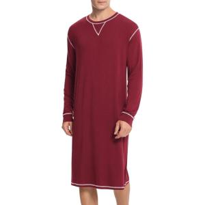 SWOMOG Mens Nightgown Long Sleeve Lounge, Sleep Henley Shirt Pajama Big & Tall Nightshirt Comfy Nightwear S-XXL(Wine Red)