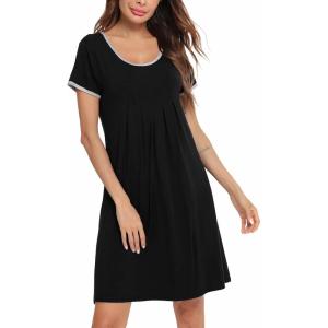 SWOMOG Night Shirts for Women Cotton Nightdress Round Neck Pajama Dress Short Sleeve Sleepwear Pleated Nightgown (Black, X-Large)