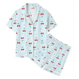 SWOMOG Unisex Girls Boys Soft Pajamas Set Button-Down PJs Short Sleeve Sleepwear Toddler Cute Lounge Sets(2 Pocket-blue Cherry)