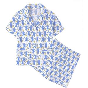 SWOMOG Unisex Girls Boys Soft Pajamas Set Button-Down PJs Short Sleeve Sleepwear Toddler Cute Lounge Sets(2 Pocket-blue Money)