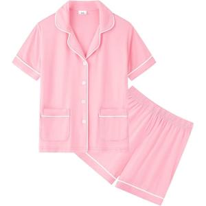 SWOMOG Unisex Girls Boys Soft Pajamas Set Button-Down PJs Short Sleeve Sleepwear Toddler Cute Lounge Sets(2 Pocket-pink)