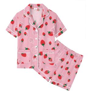 SWOMOG Unisex Girls Boys Soft Pajamas Set Button-Down PJs Short Sleeve Sleepwear Toddler Cute Lounge Sets(2 Pocket-pink Strawberry)