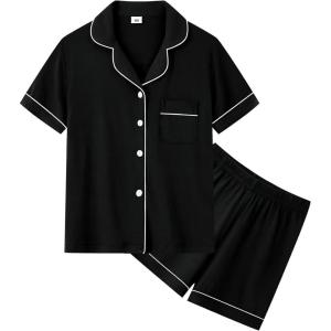 SWOMOG Unisex Girls Boys Soft Pajamas Set Button-Down PJs Short Sleeve Sleepwear Toddler Cute Lounge Sets(Black)