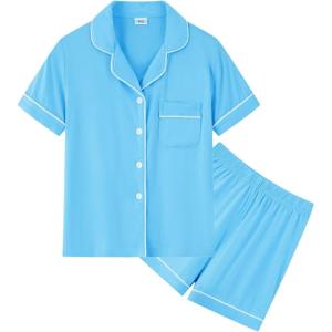 SWOMOG Unisex Girls Boys Soft Pajamas Set Button-Down PJs Short Sleeve Sleepwear Toddler Cute Lounge Sets(Light Blue)
