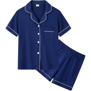 SWOMOG Unisex Girls Boys Soft Pajamas Set Button-Down PJs Short Sleeve Sleepwear Toddler Cute Lounge Sets(Navy)