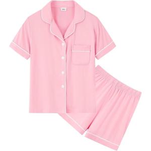 SWOMOG Unisex Girls Boys Soft Pajamas Set Button-Down PJs Short Sleeve Sleepwear Toddler Cute Lounge Sets(Pink)
