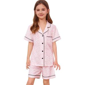 SWOMOG Unisex Girls Boys Soft Pajamas Set Button-Down PJs Short Sleeve Sleepwear Toddler Cute Lounge Sets(Pink Leopard)