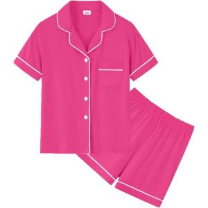 SWOMOG Unisex Girls Boys Soft Pajamas Set Button-Down PJs Short Sleeve Sleepwear Toddler Cute Lounge Sets(Rose Red)