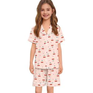 SWOMOG Unisex Girls Boys Soft Pajamas Set Button-Down PJs Short Sleeve Sleepwear Toddler Cute Lounge Sets(Yellow Cherry)