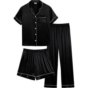 SWOMOG Women Plus Size Pajama Set Button Down Pjs 3pcs Silk Satin Sleepwear Loose Shorts Sleeve Loungewear 18W-26W(Black)
