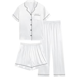 SWOMOG Women Plus Size Pajama Set Button Down Pjs 3pcs Silk Satin Sleepwear Loose Shorts Sleeve Loungewear 18W-26W(White)