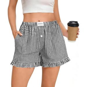 SWOMOG Womens 100% cotton Boxer Shorts Pajama Ruffle Gingham Shorts Summer Casual Lounge Sleep Bottoms Pockets 2026 Trendy(Black White Plaid)