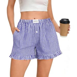 SWOMOG Womens 100% cotton Boxer Shorts Pajama Ruffle Gingham Shorts Summer Casual Lounge Sleep Bottoms Pockets 2026 Trendy(Blue White Plaid)