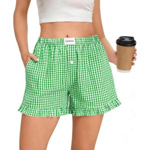 SWOMOG Womens 100% cotton Boxer Shorts Pajama Ruffle Gingham Shorts Summer Casual Lounge Sleep Bottoms Pockets 2026 Trendy(Green White Plaid)