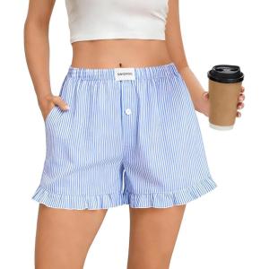 SWOMOG Womens 100% cotton Boxer Shorts Pajama Ruffle Gingham Shorts Summer Casual Lounge Sleep Bottoms Pockets 2026 Trendy(Light Blue Striped)