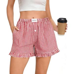SWOMOG Womens 100% cotton Boxer Shorts Pajama Ruffle Gingham Shorts Summer Casual Lounge Sleep Bottoms Pockets 2026 Trendy(Red White Plaid)