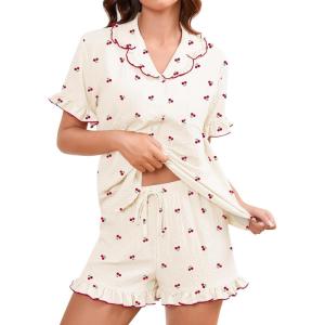 SWOMOG Women’s Pajama Sets Cute Ruffle Matching PJs Sleepwear Button Down Short Sleeve Loungewear 2 Piece PJ Set(Beige Cherry)
