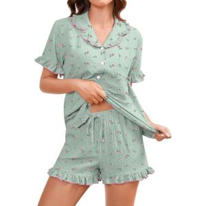 SWOMOG Women’s Pajama Sets Cute Ruffle Matching PJs Sleepwear Button Down Short Sleeve Loungewear 2 Piece PJ Set(Green Flower)