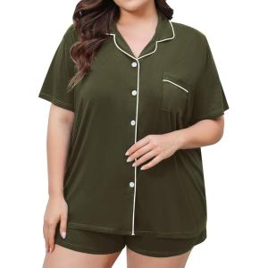 SWOMOG Women’s Plus Size Pajamas Set Button Down Tops Short Sleeve Sleepwear Soft Pajama Shorts 2 Pcs Lounge Sets With Pocket(Army Green)