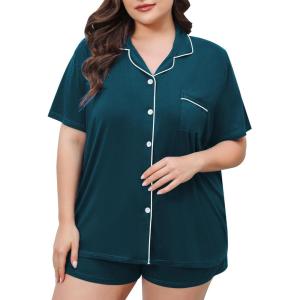 SWOMOG Women’s Plus Size Pajamas Set Button Down Tops Short Sleeve Sleepwear Soft Pajama Shorts 2 Pcs Lounge Sets With Pocket(Blue Green)