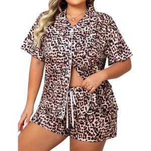 SWOMOG Women’s Plus Size Pajamas Set Button Down Tops Short Sleeve Sleepwear Soft Pajama Shorts 2 Pcs Lounge Sets With Pocket(Brown Leopard)