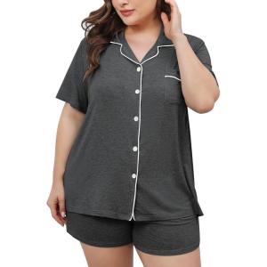 SWOMOG Women’s Plus Size Pajamas Set Button Down Tops Short Sleeve Sleepwear Soft Pajama Shorts 2 Pcs Lounge Sets With Pocket(Dark Gary)