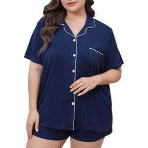 SWOMOG Women’s Plus Size Pajamas Set Button Down Tops Short Sleeve Sleepwear Soft Pajama Shorts 2 Pcs Lounge Sets With Pocket(Navy Blue)