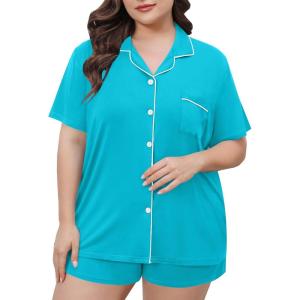 SWOMOG Women’s Plus Size Pajamas Set Button Down Tops Short Sleeve Sleepwear Soft Pajama Shorts 2 Pcs Lounge Sets With Pocket(Peacock Blue)