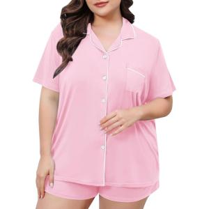 SWOMOG Women’s Plus Size Pajamas Set Button Down Tops Short Sleeve Sleepwear Soft Pajama Shorts 2 Pcs Lounge Sets With Pocket(Pink)