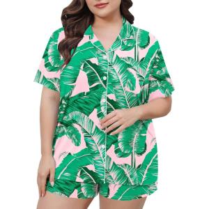 SWOMOG Women’s Plus Size Pajamas Set Button Down Tops Short Sleeve Sleepwear Soft Pajama Shorts 2 Pcs Lounge Sets With Pocket(Pink Leaves)