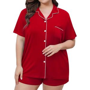 SWOMOG Women’s Plus Size Pajamas Set Button Down Tops Short Sleeve Sleepwear Soft Pajama Shorts 2 Pcs Lounge Sets With Pocket(Red)