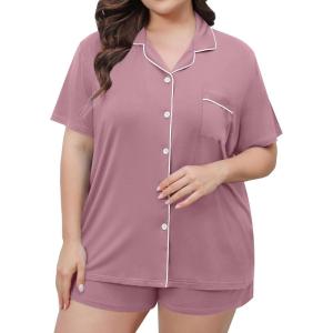 SWOMOG Women’s Plus Size Pajamas Set Button Down Tops Short Sleeve Sleepwear Soft Pajama Shorts 2 Pcs Lounge Sets With Pocket(Taro Purple)