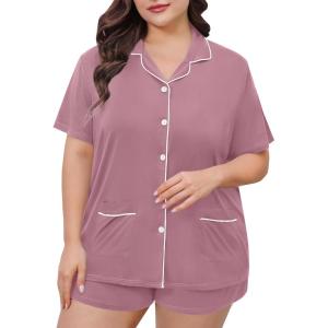 SWOMOG Women’s Plus Size Pajamas Set Button Down Tops Short Sleeve Sleepwear Soft Pajama Shorts 2 Pcs Lounge Sets With Pocket(Two Pockets-lilac Purple)