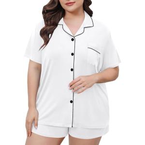 SWOMOG Women’s Plus Size Pajamas Set Button Down Tops Short Sleeve Sleepwear Soft Pajama Shorts 2 Pcs Lounge Sets With Pocket(White)