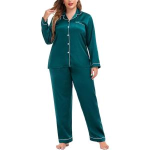 SWOMOG Womens Plus Size Pajamas Silky Pajama Set Button Down Sleepwear Classic Silk Pj Set Ladies Two Piece Loungewear Set(Green)